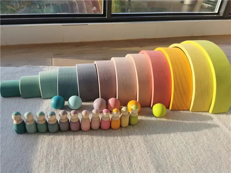 High Quality Wooden Toys Pastel Basswood Rainbow Stacking Blocks Pine Building Semi Sorting Peg Dolls Balls for Kids Play Calm and Class