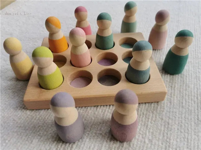 High Quality Wooden Toys Pastel Basswood Rainbow Stacking Blocks Pine Building Semi Sorting Peg Dolls Balls for Kids Play Calm and Class