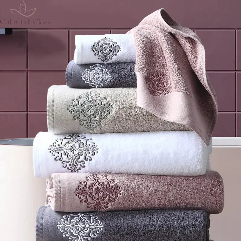 Hotel towels 100% pure cotton set embroidered jacquard craft gym travel face towels beach machine washable hair towels combed Calm and Class