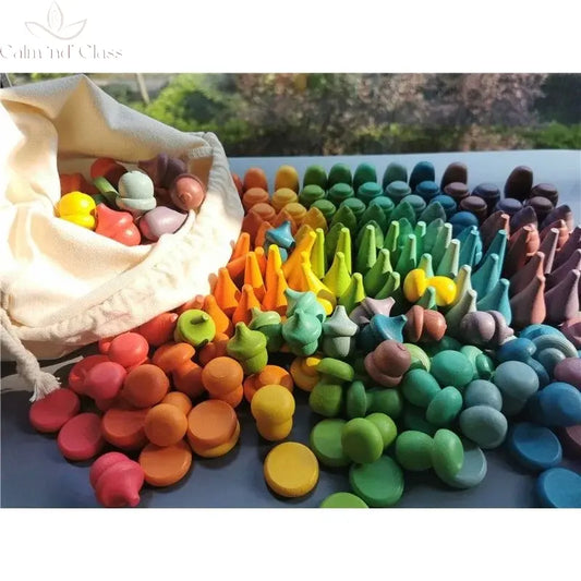 Kids Wooden Montessori Toys Rainbow Loose Parts Wood Mushrooms Honeycomb Droplets Bamboo Shoots Acorns Tree Cones Calm and Class