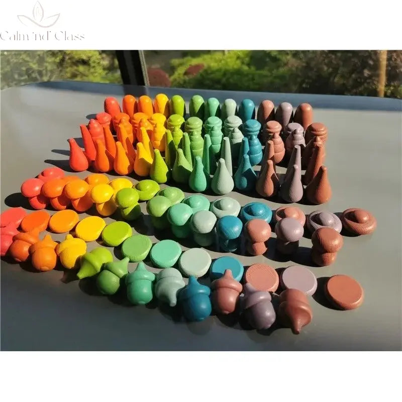 Kids Wooden Montessori Toys Rainbow Loose Parts Wood Mushrooms Honeycomb Droplets Bamboo Shoots Acorns Tree Cones Calm and Class