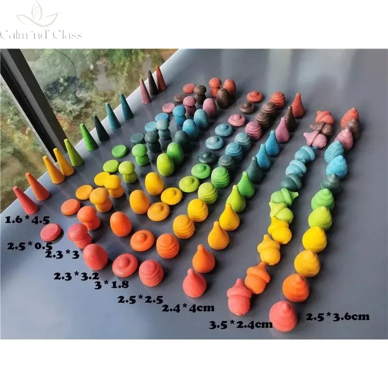 Kids Wooden Montessori Toys Rainbow Loose Parts Wood Mushrooms Honeycomb Droplets Bamboo Shoots Acorns Tree Cones Calm and Class