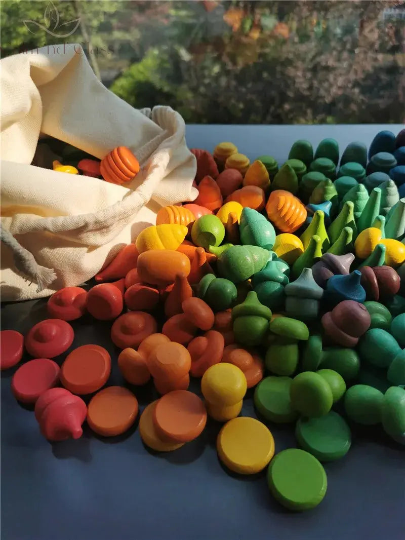 Kids Wooden Montessori Toys Rainbow Loose Parts Wood Mushrooms Honeycomb Droplets Bamboo Shoots Acorns Tree Cones Calm and Class