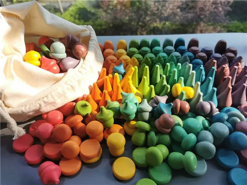 Kids Wooden Montessori Toys Rainbow Loose Parts Wood Mushrooms Honeycomb Droplets Bamboo Shoots Acorns Tree Cones Calm and Class