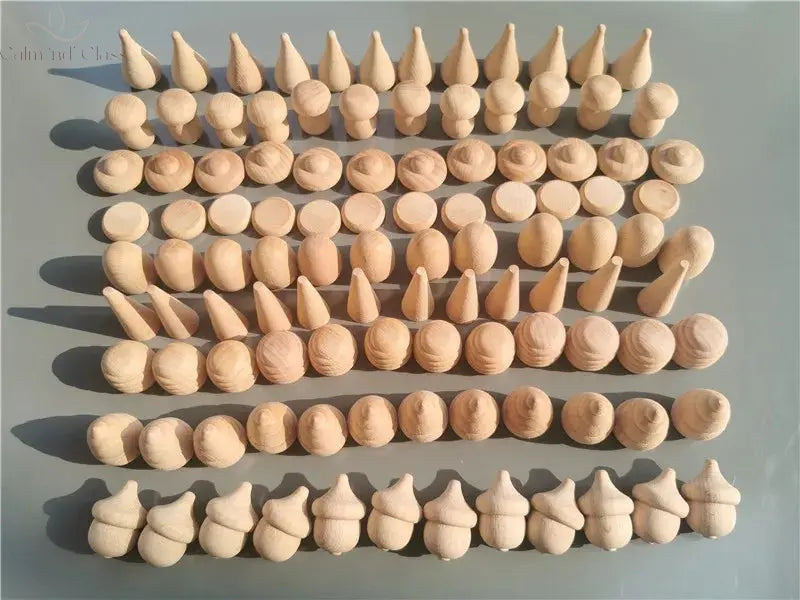 Kids Wooden Montessori Toys Rainbow Loose Parts Wood Mushrooms Honeycomb Droplets Bamboo Shoots Acorns Tree Cones Calm and Class