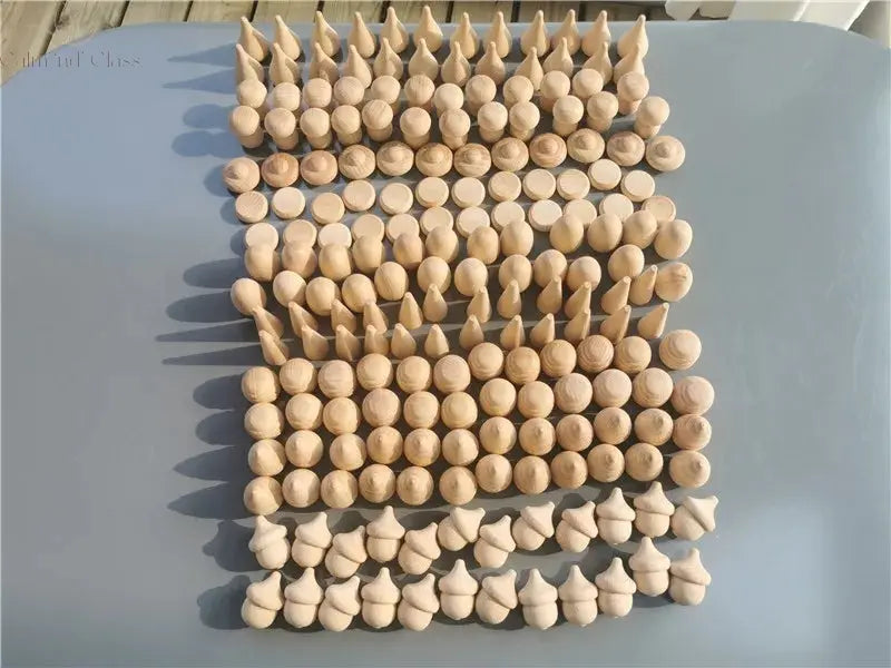 Kids Wooden Montessori Toys Rainbow Loose Parts Wood Mushrooms Honeycomb Droplets Bamboo Shoots Acorns Tree Cones Calm and Class