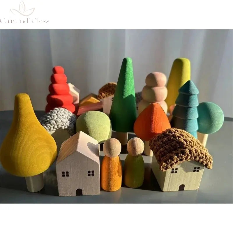 Kids Wooden Toys Pastel Nordic Buiding Blocks Stacking Crochet House  Animals Rainbow Forest Trees Calm and Class