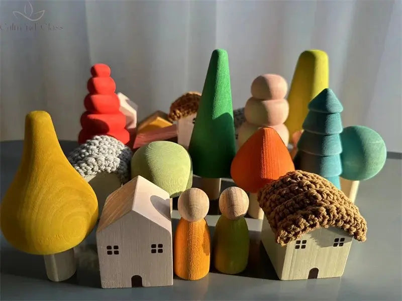 Kids Wooden Toys Pastel Nordic Buiding Blocks Stacking Crochet House  Animals Rainbow Forest Trees Calm and Class