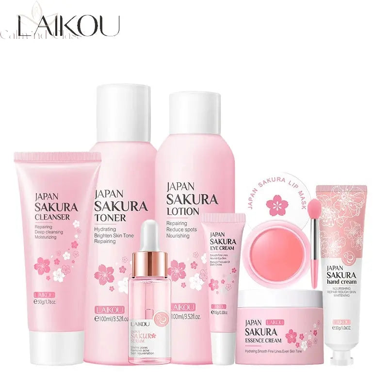 LAIKOU 8Pcs Sakura Facial Skin Care Set Moisturizing Nourishing Serum Soothing Cream Repairing Lip Balm Hand Cream Beauty Makeup Calm and Class