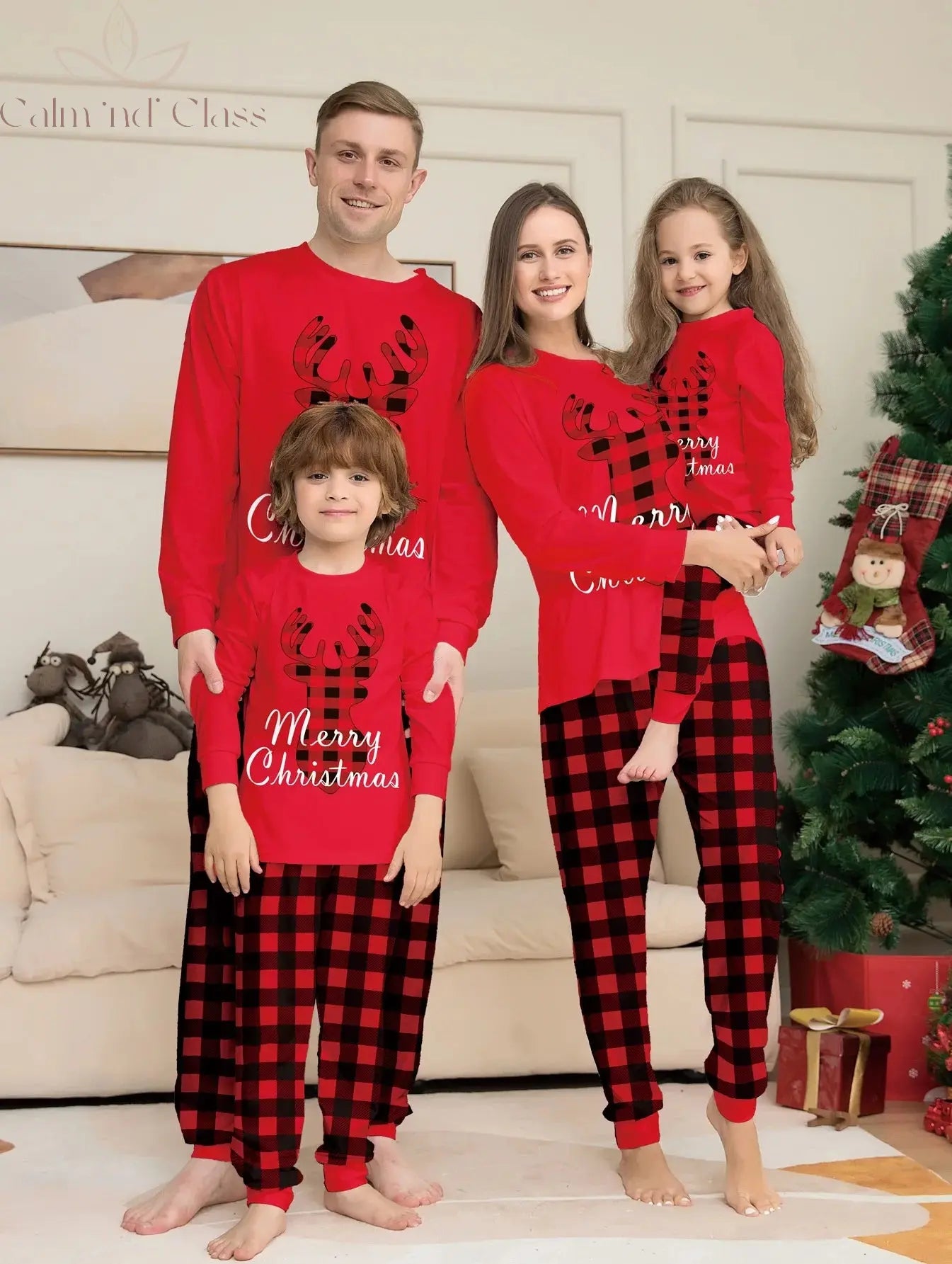 Merry Christmas Pajamas Set Fawn Plaid Print Mother Father Kids Matching Outfits Soft Cute 2pcs Suit Sleepwear Xmas Family Look Calm and Class