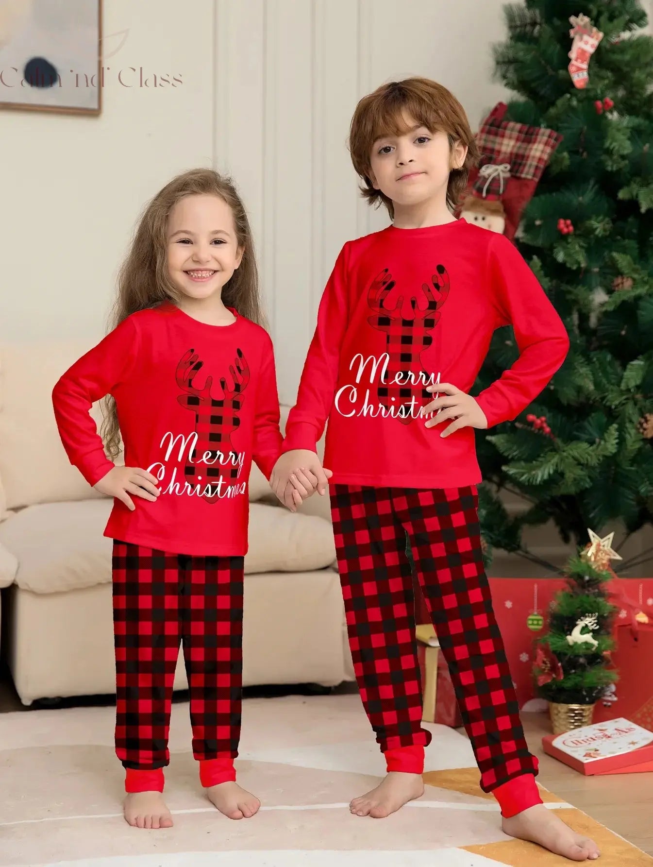 Merry Christmas Pajamas Set Fawn Plaid Print Mother Father Kids Matching Outfits Soft Cute 2pcs Suit Sleepwear Xmas Family Look Calm and Class