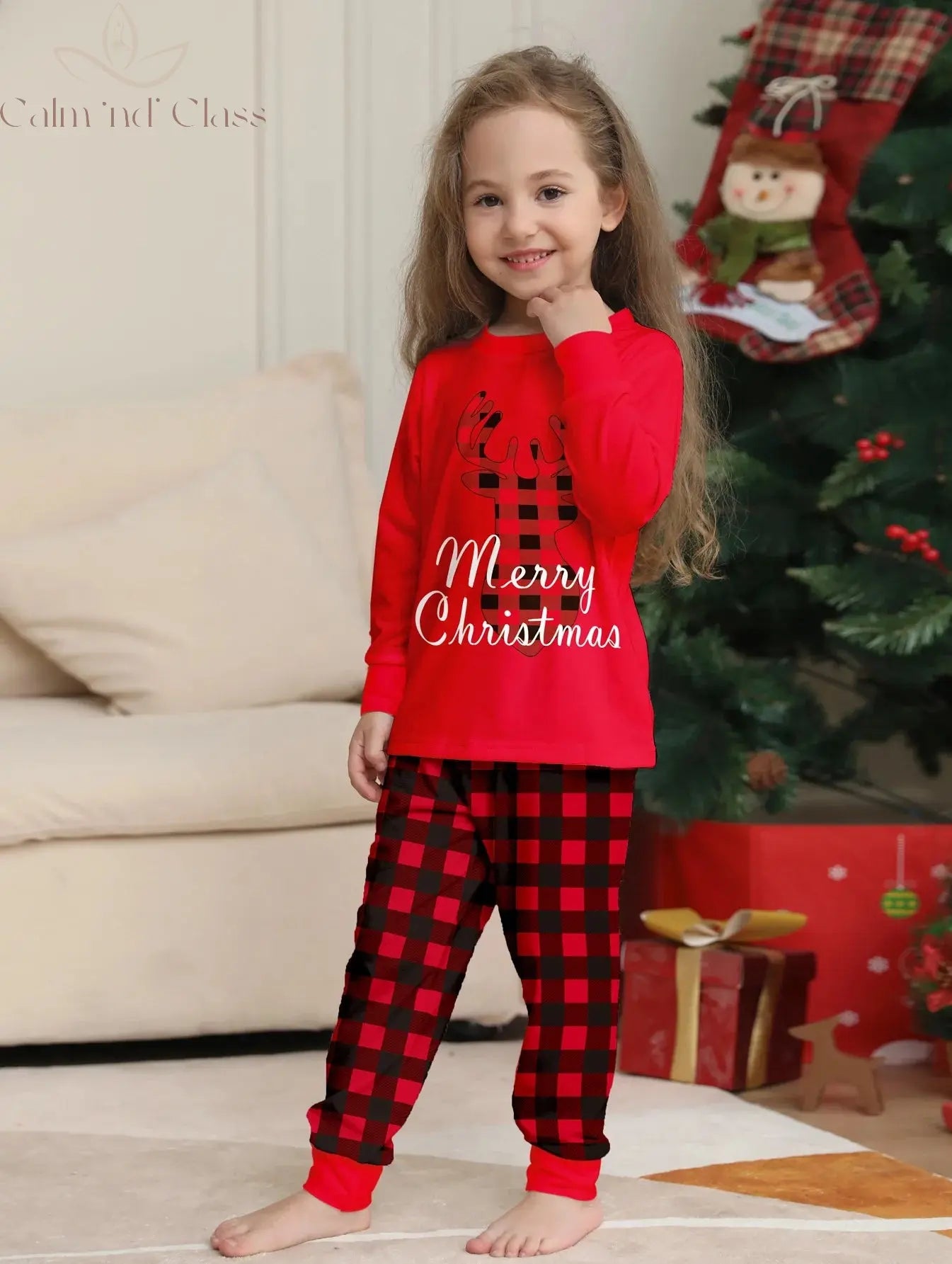 Merry Christmas Pajamas Set Fawn Plaid Print Mother Father Kids Matching Outfits Soft Cute 2pcs Suit Sleepwear Xmas Family Look Calm and Class