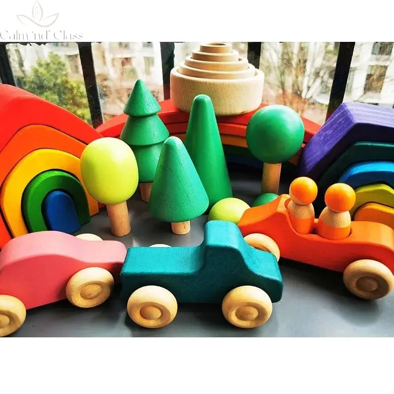 Montessori Wooden Toys Elemental Rainbow Stacking Blocks /Unpaint Wood Tree Building Stacking Car Volcano Coral Sea Wave Calm and Class