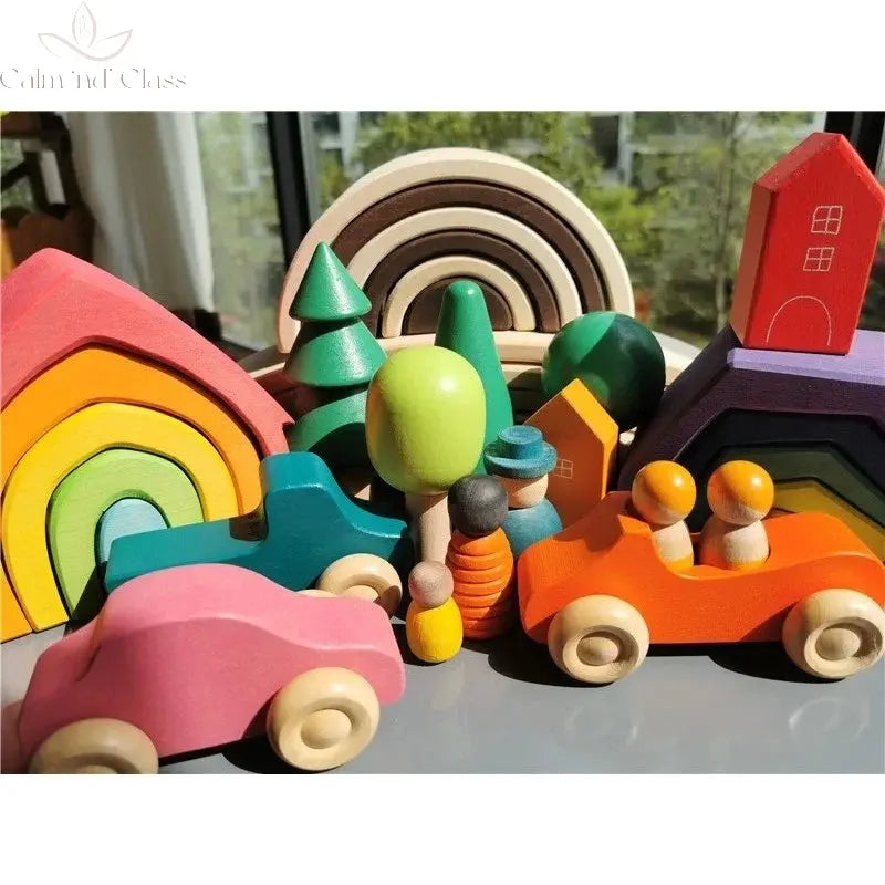 Montessori Wooden Toys Elemental Rainbow Stacking Blocks /Unpaint Wood Tree Building Stacking Car Volcano Coral Sea Wave Calm and Class