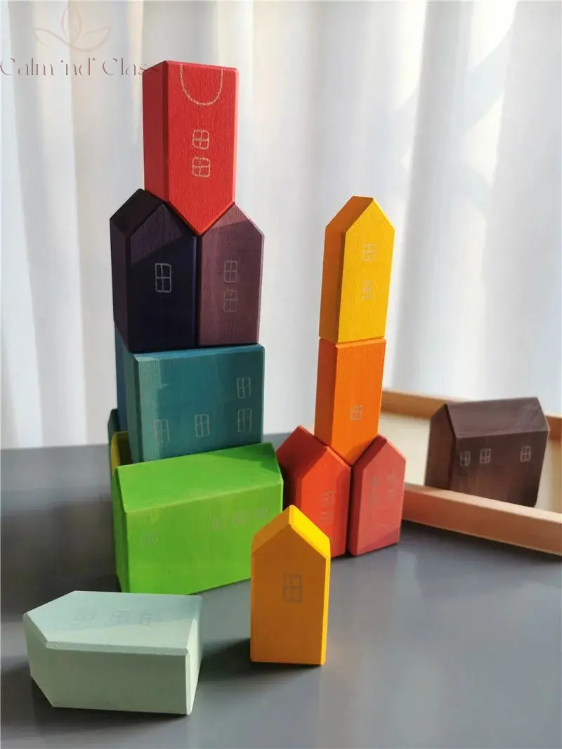 Montessori Wooden Toys Elemental Rainbow Stacking Blocks /Unpaint Wood Tree Building Stacking Car Volcano Coral Sea Wave Calm and Class