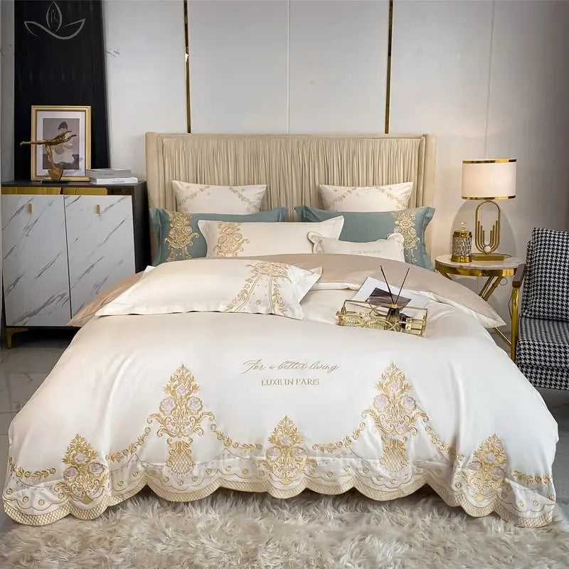 New Luxury 1000TC Egyptian Cotton Gold Chic Embroidery 4Pcs Bedding Set Quilt/Duvet Cover Set Bed Linen Fitted Sheet Pillowcases Calm and Class