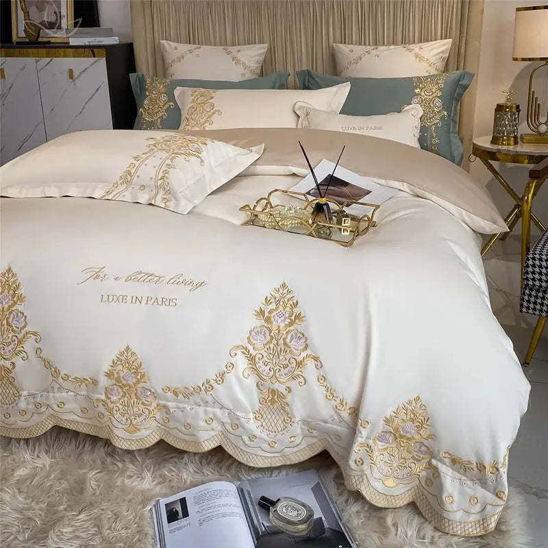 New Luxury 1000TC Egyptian Cotton Gold Chic Embroidery 4Pcs Bedding Set Quilt/Duvet Cover Set Bed Linen Fitted Sheet Pillowcases Calm and Class