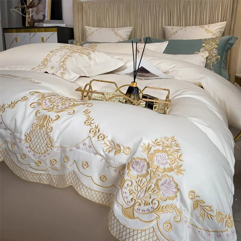 New Luxury 1000TC Egyptian Cotton Gold Chic Embroidery 4Pcs Bedding Set Quilt/Duvet Cover Set Bed Linen Fitted Sheet Pillowcases Calm and Class