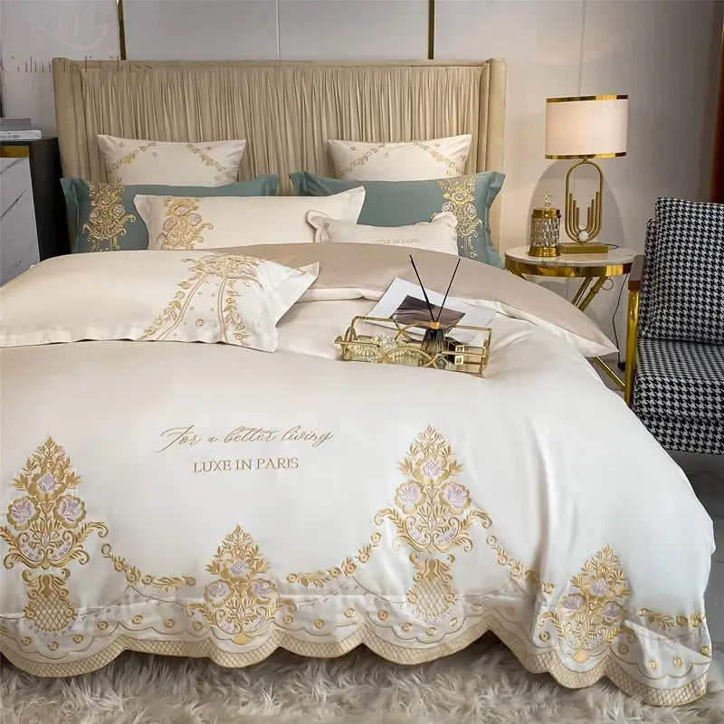 New Luxury 1000TC Egyptian Cotton Gold Chic Embroidery 4Pcs Bedding Set Quilt/Duvet Cover Set Bed Linen Fitted Sheet Pillowcases Calm and Class