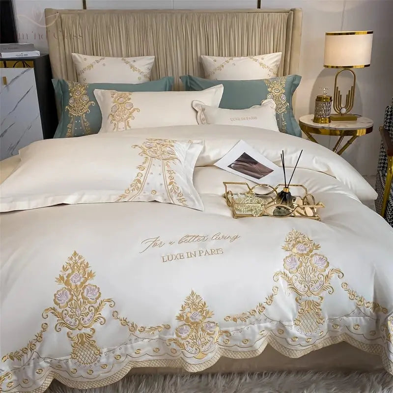 New Luxury 1000TC Egyptian Cotton Gold Chic Embroidery 4Pcs Bedding Set Quilt/Duvet Cover Set Bed Linen Fitted Sheet Pillowcases Calm and Class