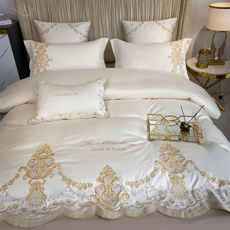 New Luxury 1000TC Egyptian Cotton Gold Chic Embroidery 4Pcs Bedding Set Quilt/Duvet Cover Set Bed Linen Fitted Sheet Pillowcases Calm and Class