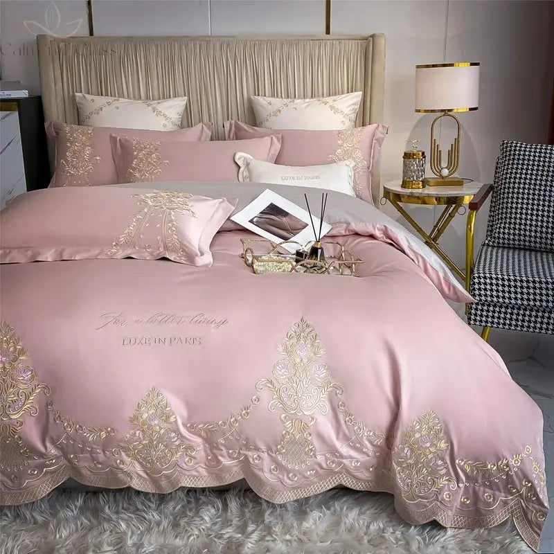 New Luxury 1000TC Egyptian Cotton Gold Chic Embroidery 4Pcs Bedding Set Quilt/Duvet Cover Set Bed Linen Fitted Sheet Pillowcases Calm and Class