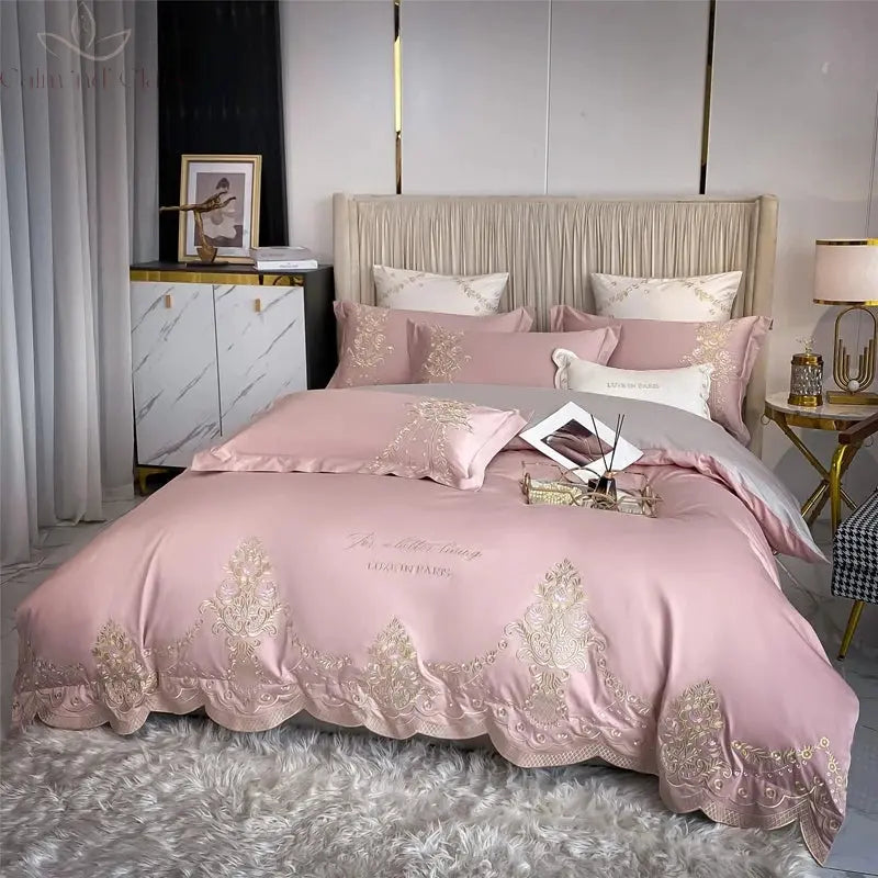 New Luxury 1000TC Egyptian Cotton Gold Chic Embroidery 4Pcs Bedding Set Quilt/Duvet Cover Set Bed Linen Fitted Sheet Pillowcases Calm and Class