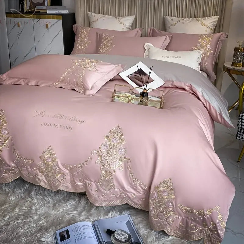 New Luxury 1000TC Egyptian Cotton Gold Chic Embroidery 4Pcs Bedding Set Quilt/Duvet Cover Set Bed Linen Fitted Sheet Pillowcases Calm and Class