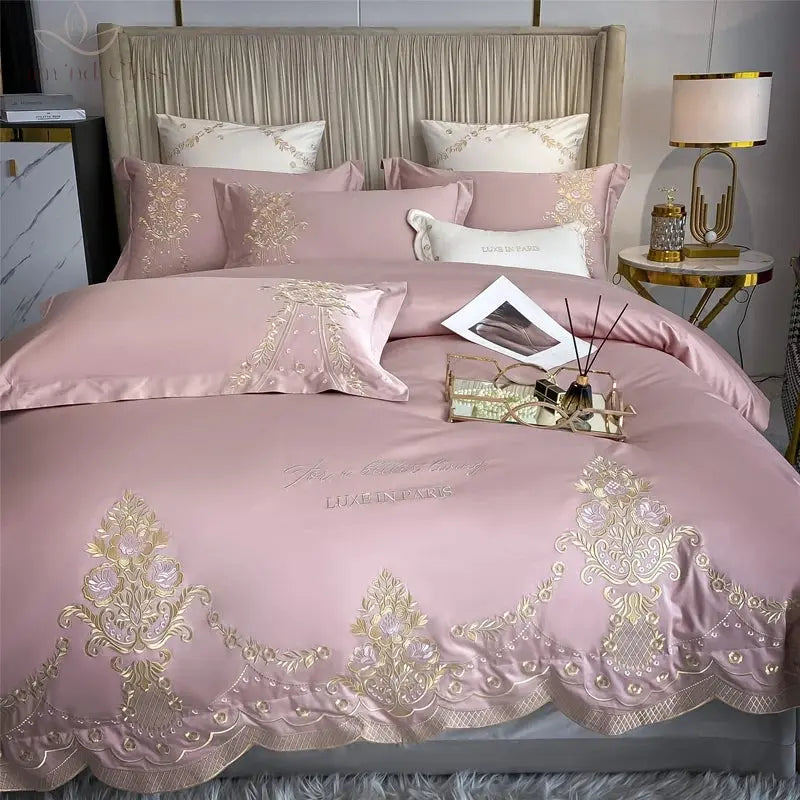 New Luxury 1000TC Egyptian Cotton Gold Chic Embroidery 4Pcs Bedding Set Quilt/Duvet Cover Set Bed Linen Fitted Sheet Pillowcases Calm and Class