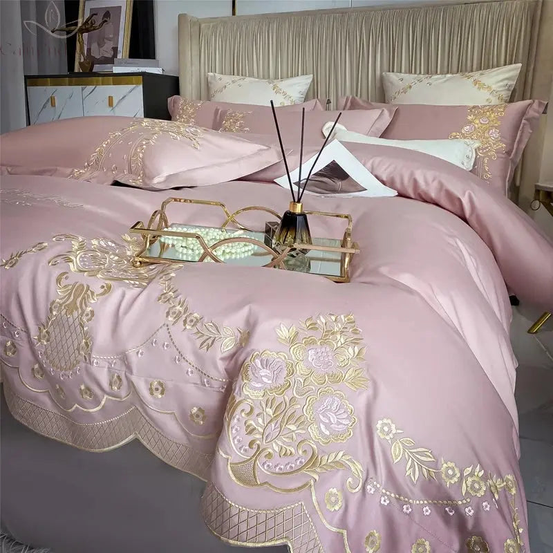 New Luxury 1000TC Egyptian Cotton Gold Chic Embroidery 4Pcs Bedding Set Quilt/Duvet Cover Set Bed Linen Fitted Sheet Pillowcases Calm and Class