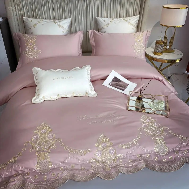 New Luxury 1000TC Egyptian Cotton Gold Chic Embroidery 4Pcs Bedding Set Quilt/Duvet Cover Set Bed Linen Fitted Sheet Pillowcases Calm and Class