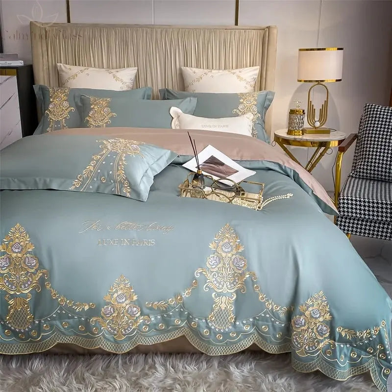 New Luxury 1000TC Egyptian Cotton Gold Chic Embroidery 4Pcs Bedding Set Quilt/Duvet Cover Set Bed Linen Fitted Sheet Pillowcases Calm and Class