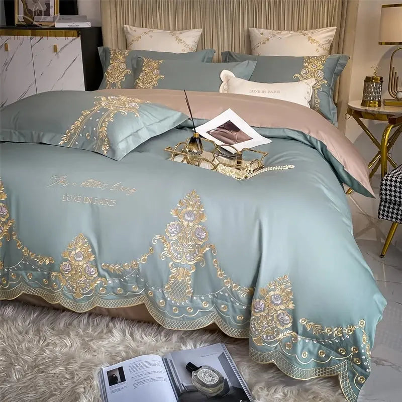 New Luxury 1000TC Egyptian Cotton Gold Chic Embroidery 4Pcs Bedding Set Quilt/Duvet Cover Set Bed Linen Fitted Sheet Pillowcases Calm and Class