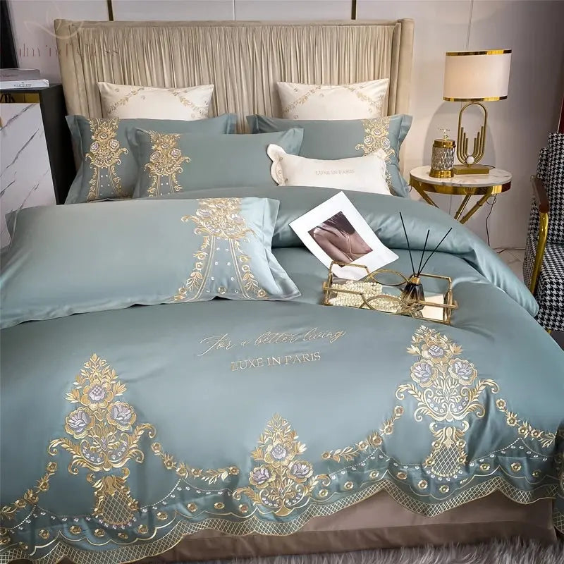 New Luxury 1000TC Egyptian Cotton Gold Chic Embroidery 4Pcs Bedding Set Quilt/Duvet Cover Set Bed Linen Fitted Sheet Pillowcases Calm and Class