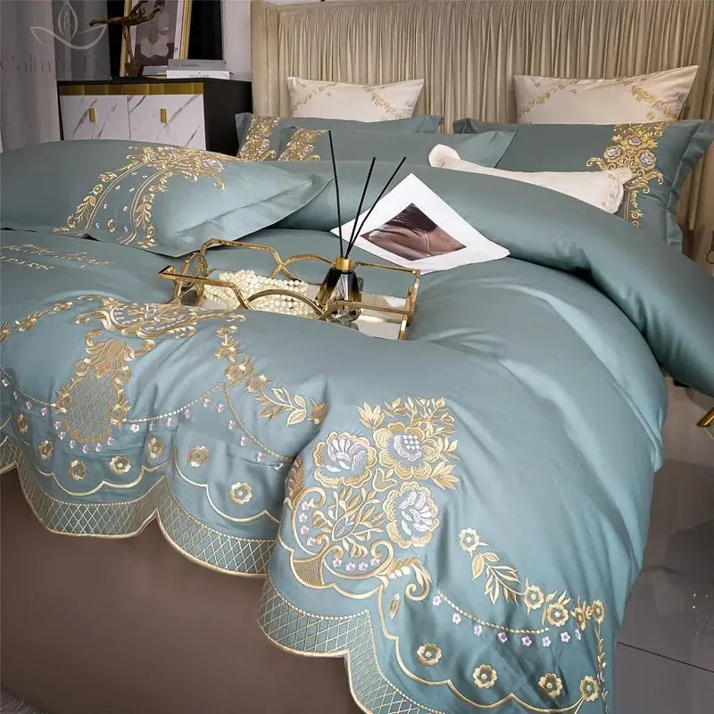 New Luxury 1000TC Egyptian Cotton Gold Chic Embroidery 4Pcs Bedding Set Quilt/Duvet Cover Set Bed Linen Fitted Sheet Pillowcases Calm and Class