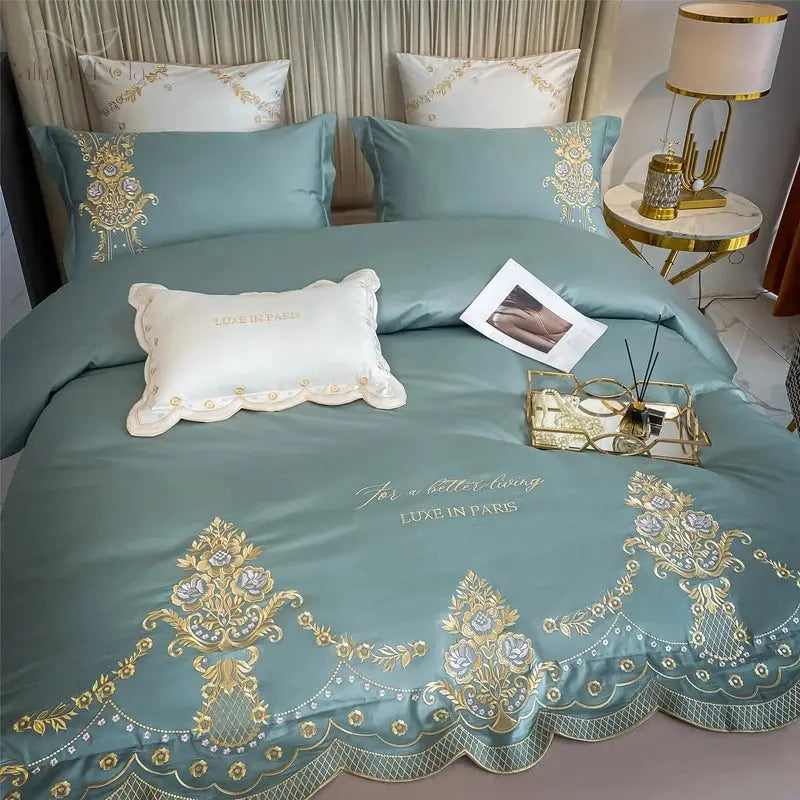 New Luxury 1000TC Egyptian Cotton Gold Chic Embroidery 4Pcs Bedding Set Quilt/Duvet Cover Set Bed Linen Fitted Sheet Pillowcases Calm and Class