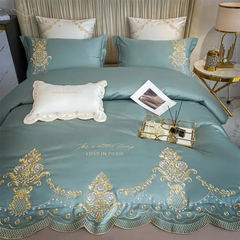 New Luxury 1000TC Egyptian Cotton Gold Chic Embroidery 4Pcs Bedding Set Quilt/Duvet Cover Set Bed Linen Fitted Sheet Pillowcases Calm and Class