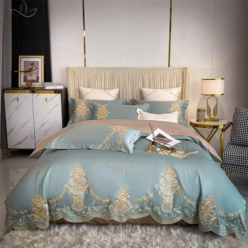 New Luxury 1000TC Egyptian Cotton Gold Chic Embroidery 4Pcs Bedding Set Quilt/Duvet Cover Set Bed Linen Fitted Sheet Pillowcases Calm and Class