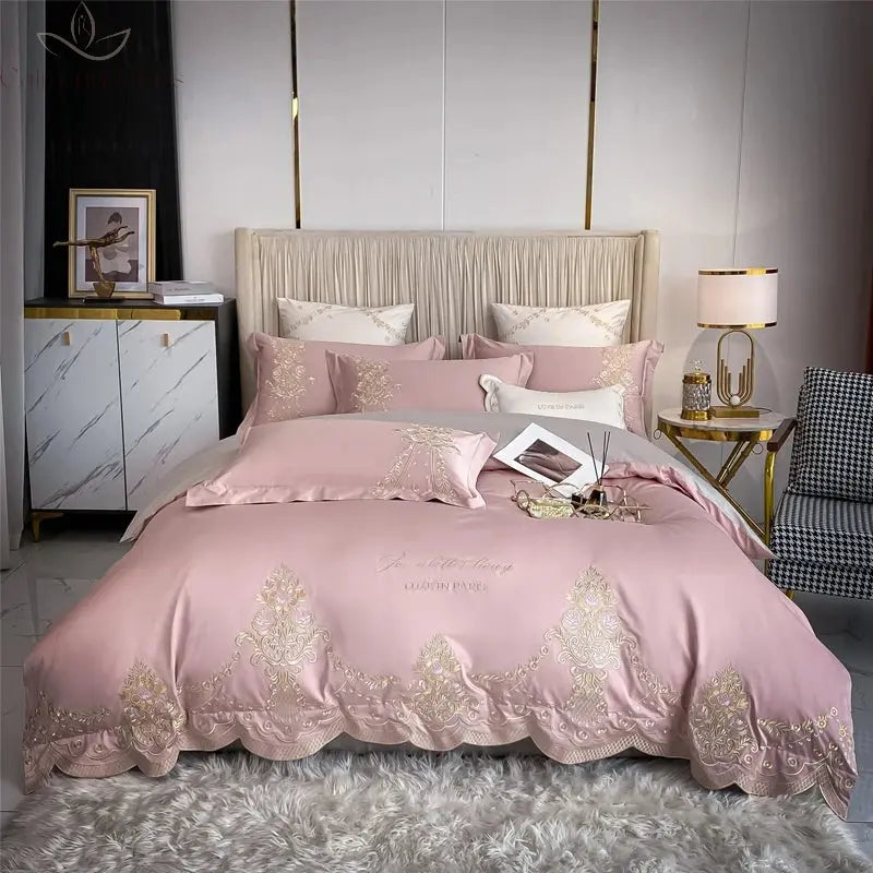 New Luxury 1000TC Egyptian Cotton Gold Chic Embroidery 4Pcs Bedding Set Quilt/Duvet Cover Set Bed Linen Fitted Sheet Pillowcases Calm and Class