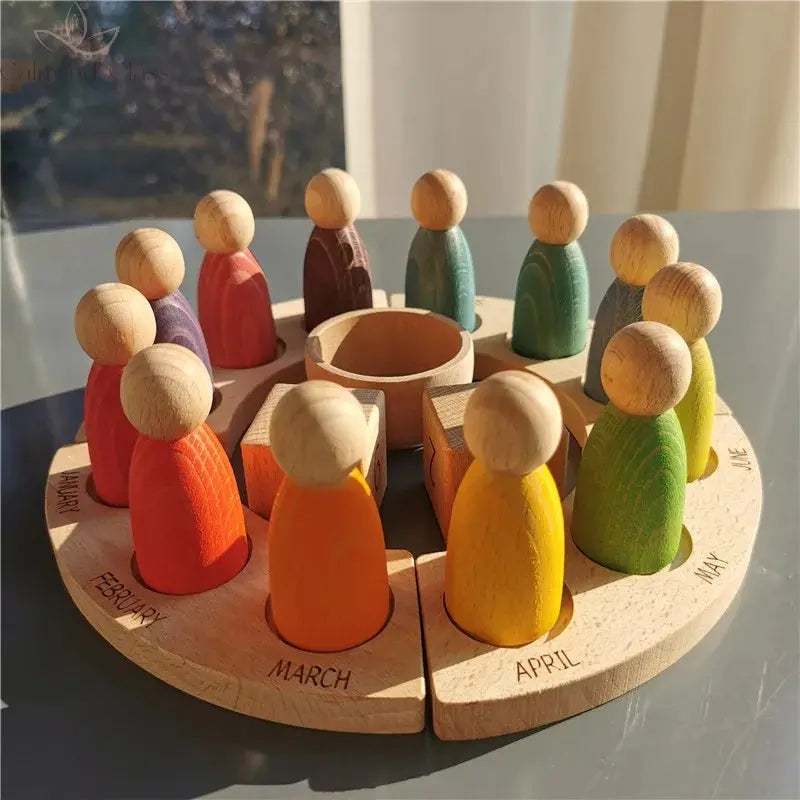 New Wooden Toys Beech Rainbow Calendar Peg Dolls Together Wizard Figurines Stacking Blocks for Kids Calm and Class