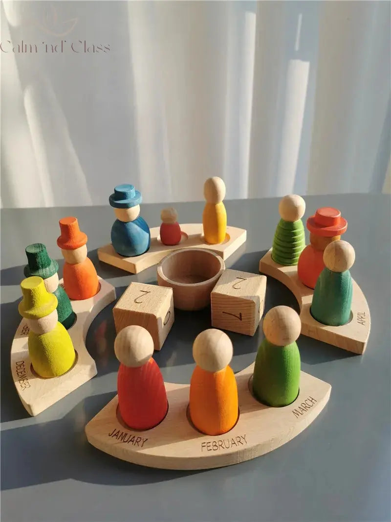 New Wooden Toys Beech Rainbow Calendar Peg Dolls Together Wizard Figurines Stacking Blocks for Kids Calm and Class