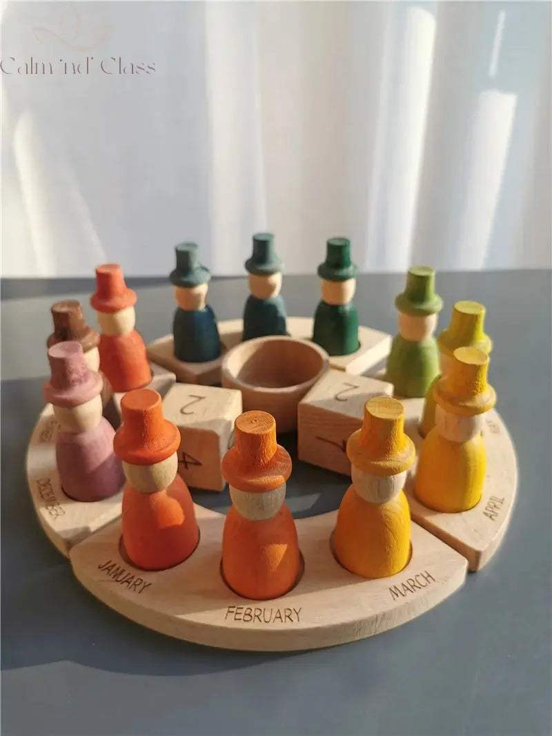 New Wooden Toys Beech Rainbow Calendar Peg Dolls Together Wizard Figurines Stacking Blocks for Kids Calm and Class