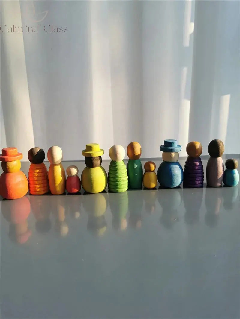 New Wooden Toys Beech Rainbow Calendar Peg Dolls Together Wizard Figurines Stacking Blocks for Kids Calm and Class