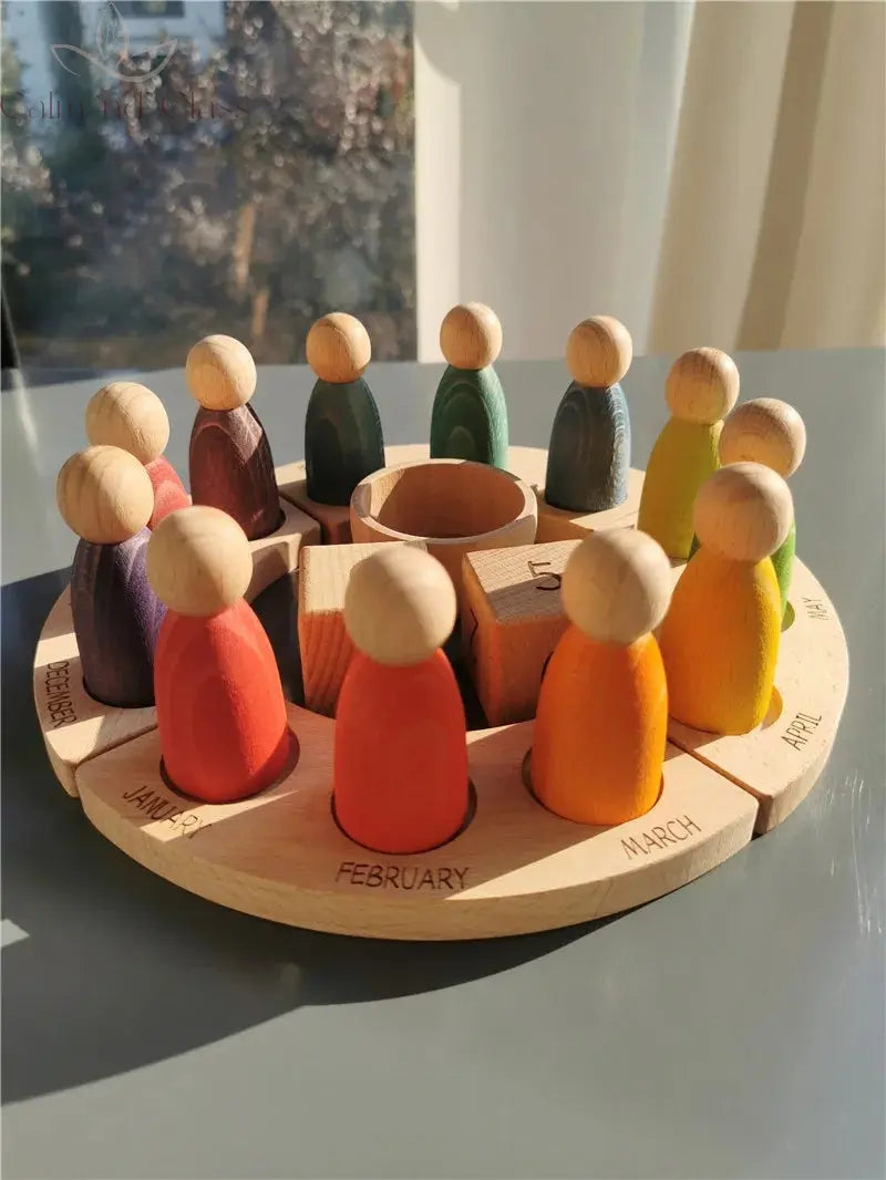 New Wooden Toys Beech Rainbow Calendar Peg Dolls Together Wizard Figurines Stacking Blocks for Kids Calm and Class