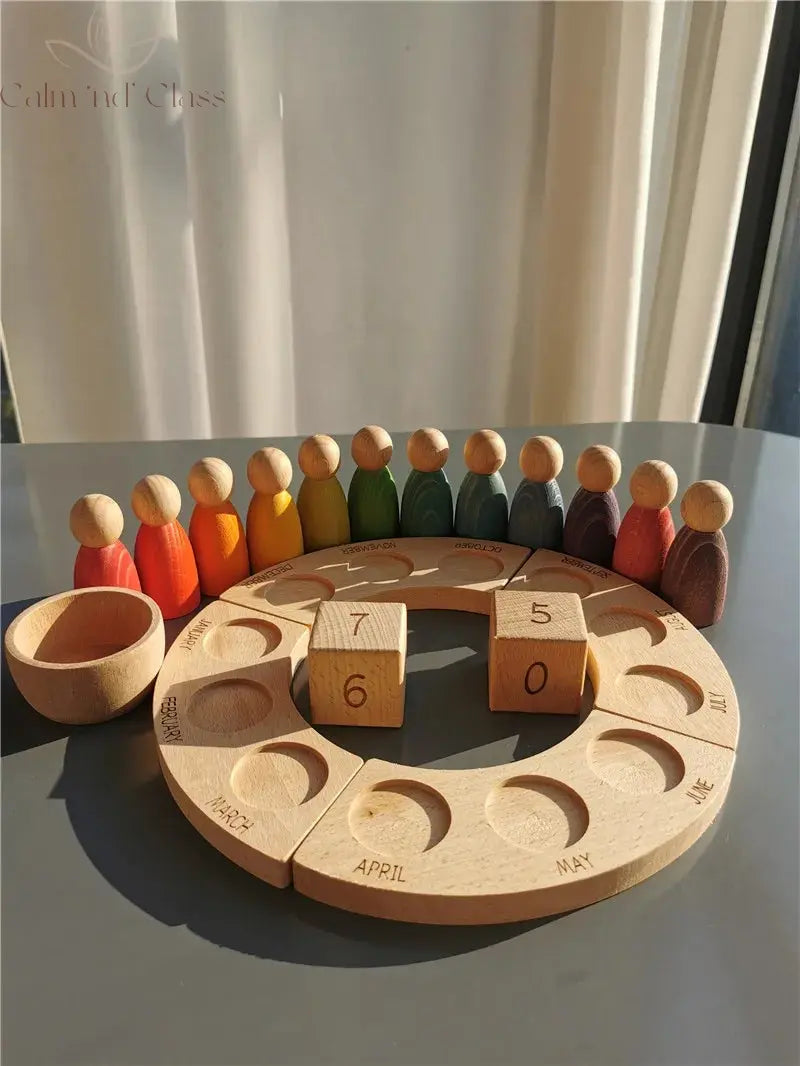 New Wooden Toys Beech Rainbow Calendar Peg Dolls Together Wizard Figurines Stacking Blocks for Kids Calm and Class