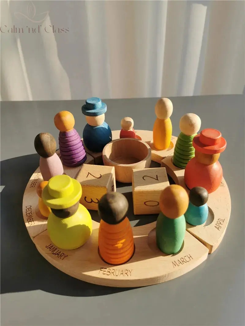 New Wooden Toys Beech Rainbow Calendar Peg Dolls Together Wizard Figurines Stacking Blocks for Kids Calm and Class