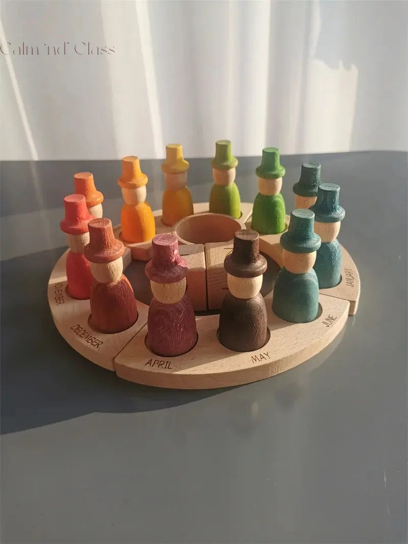 New Wooden Toys Beech Rainbow Calendar Peg Dolls Together Wizard Figurines Stacking Blocks for Kids Calm and Class