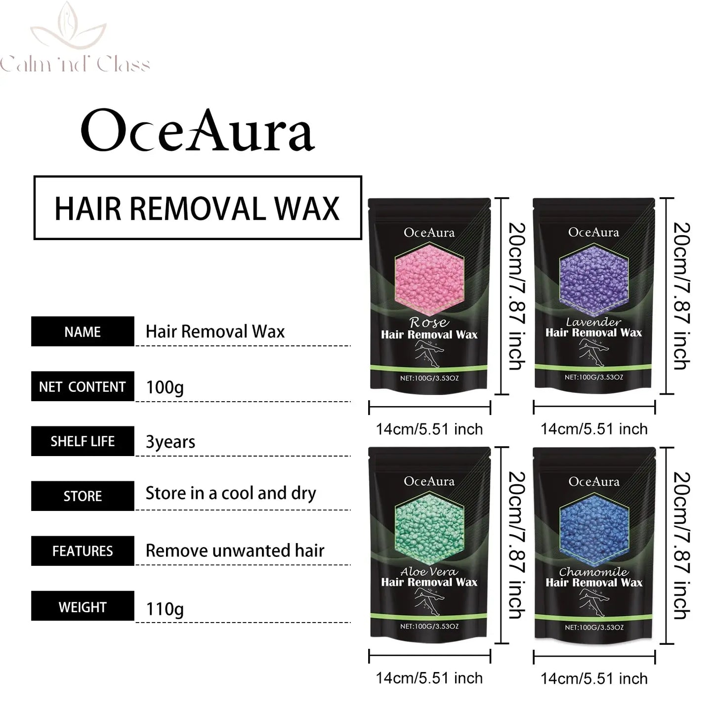 OceAura 100g Hair Removal Wax Beans Armpits Legs Whole Body Quick Hair Removal Gentle and Non Irritating Dry and Smooth Skin Calm and Class