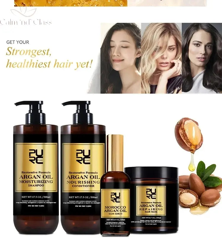 PURC Morocco Argan Oil Hair Serum Smoothing Shampoo Conditioner And Repair Hair Mask Sets Scalp Treatment Hair Care Calm and Class