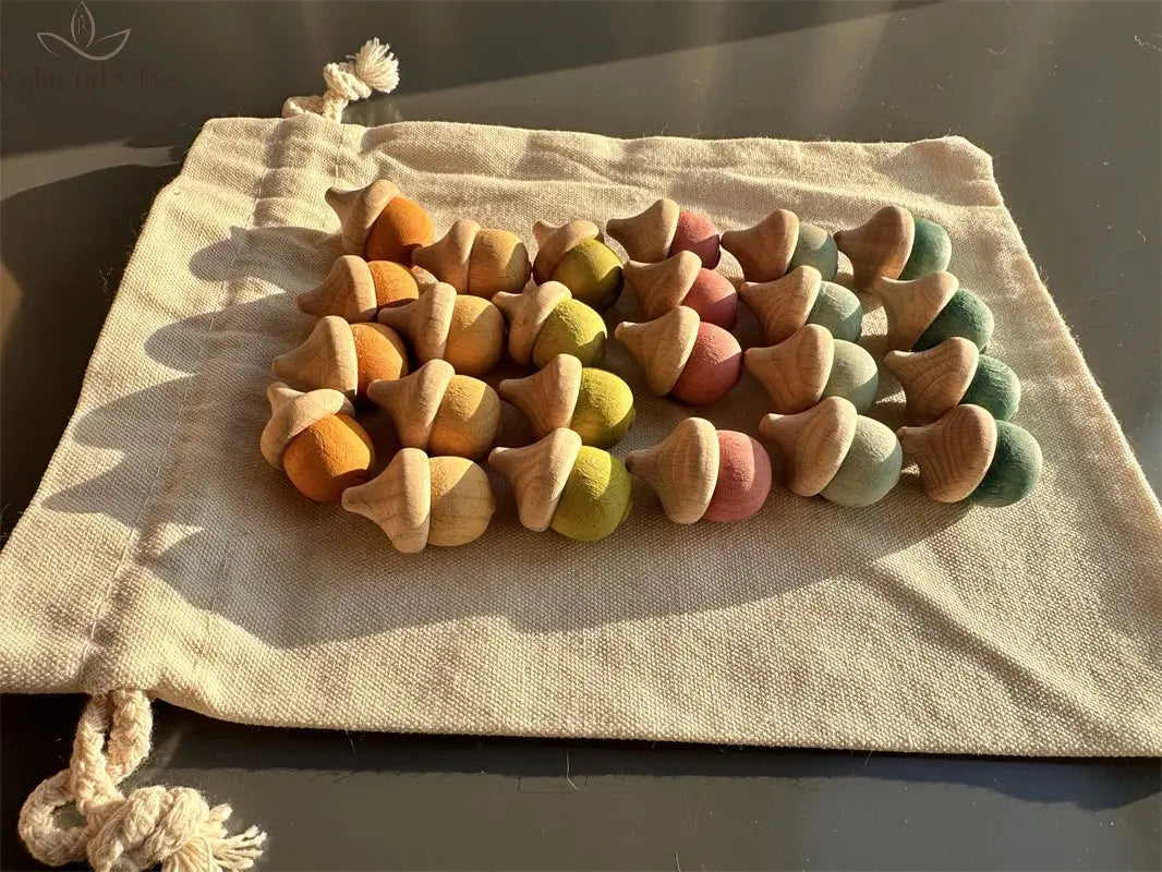 Rainbow Wooden  Blocks Loose Parts Toys Pastel Beech Acorns for Kids Open-end Play Calm and Class